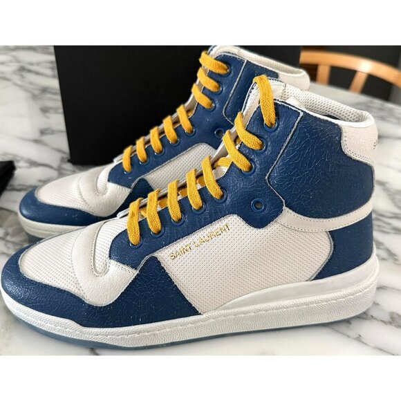 YSL SAINT LAURENT 610618 SL24 LEATHER SNEAKERS MID TOP WHITE BLUE SZ 41 - Picture 1 of 10